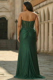 Dark Green Mermaid Strapless Sequin Long Prom Dress with Beading