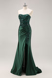 Mermaid Burgundy Strapless Sequin Long Prom Dress with Beading