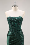 Mermaid Burgundy Strapless Sequin Long Prom Dress with Beading