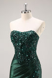Mermaid Burgundy Strapless Sequin Long Prom Dress with Beading