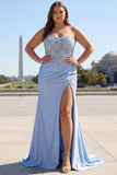 Blue Mermaid Strapless Sequin Long Prom Dress with Beading