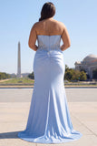 Blue Mermaid Strapless Sequin Long Prom Dress with Beading