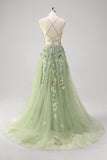 Green A Line Tulle Sequin Applique Corset Long Prom Dress with Slit