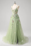 Green A line Appliqued Plus Size Tulle Long Corset Prom Dress with Slit