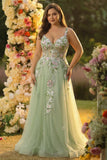 Green A Line Tulle Sequin Applique Corset Long Prom Dress with Slit