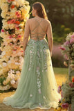 Green A line Spaghetti Straps Appliqued Corset Long Prom Dress With Tulle