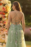 Green A line Appliqued Plus Size Tulle Long Corset Prom Dress with Slit