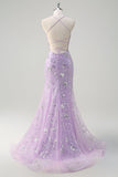 Sparkly Lilac Mermaid Sheer Corset Sequin Prom Dress with Lace Up Back