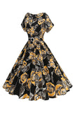 Black Rose Printed A-Line Boat Neck Midi 1950s Dress