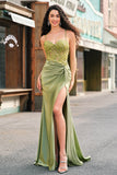 Sparkly Mermaid Army Green Corset Lace Up Back Long Prom Dress with Slit