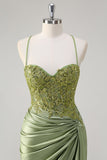 Sparkly Army Green Mermaid Corset Long Prom Dress with Slit