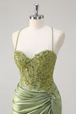 Sparkly Army Green Mermaid Corset Long Prom Dress with Slit