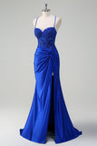 Royal Blue Mermaid Spaghetti Straps Pleated Appliqued Prom Dress