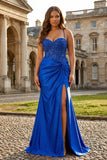 Royal Blue Mermaid Spaghetti Straps Pleated Appliqued Prom Dress