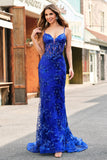 Sparkly Mermaid Royal Blue Spaghetti Straps Corset Sequin Long Prom Dress with Embroidery