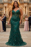 Sparkly Dark Green Mermaid Spaghetti Straps Corset Sequined Embroidery Tulle Long Prom Dress