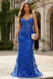 Sparkly Dark Green Mermaid Spaghetti Straps Corset Sequined Embroidery Tulle Long Prom Dress