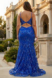Sparkly Mermaid Royal Blue Spaghetti Straps Corset Sequin Long Prom Dress with Embroidery
