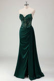 Sparkly Dark Green Mermaid Sweetheart Corset Long Prom Dress with Slit