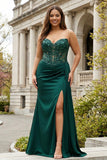 Sparkly Dark Green Mermaid Sweetheart Corset Long Prom Dress with Slit
