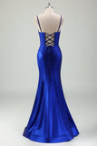 Royal Blue Mermaid Spaghetti Straps Corset Satin Long Prom Dress with Slit