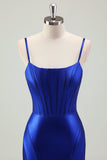 Royal Blue Mermaid Spaghetti Straps Corset Satin Long Prom Dress with Slit