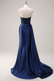 Navy Mermaid Strapless Side Streamer Ruched Corset Long Prom Dress With Slit