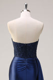 Navy Mermaid Strapless Side Streamer Ruched Corset Long Prom Dress With Slit