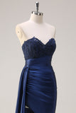 Navy Mermaid Strapless Side Streamer Ruched Corset Long Prom Dress With Slit