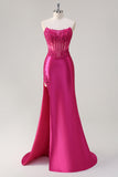 Sparkly Fuchsia Mermaid Strapless Corset Appliques Long Prom Dress with Slit