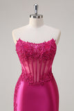 Sparkly Fuchsia Mermaid Strapless Corset Appliques Long Prom Dress with Slit