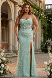 Sage Mermaid Sweetheart Floral Appliqued Long Prom Dress with Slit
