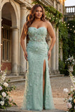 Sage Plus Size Mermaid Appliqued Sweetheart Long Prom Dress with Slit