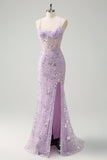 Lilac Spaghetti Straps Mermaid Corset Sequin Prom Dress