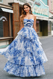 White Blue Flower A-Line Strapless Tiered Long Prom Dress with Bows