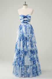 White Blue Flower A Line Strapless Tiered Prom Dress