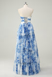 White Blue Flower A Line Strapless Tiered Prom Dress