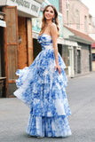 White Blue Flower A-Line Strapless Tiered Long Prom Dress with Bows