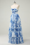 White Blue Flower A Line Strapless Tiered Prom Dress