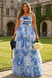 White Blue Flower A-Line Strapless Tiered Long Prom Dress with Bows