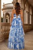 White Blue Flower A-Line Strapless Tiered Long Prom Dress with Bows