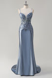 Sparkly Grey Blue Mermaid Spaghetti Straps Corset Appliqued Long Prom Dress with Train