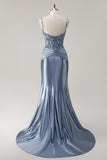 Sparkly Grey Blue Mermaid Spaghetti Straps Corset Appliqued Long Prom Dress with Train