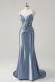 Sparkly Grey Blue Mermaid Spaghetti Straps Corset Appliqued Long Prom Dress with Train