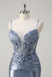 Sparkly Grey Blue Mermaid Spaghetti Straps Corset Appliqued Long Prom Dress with Train