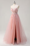 Sparkly Pink A-Line Strapless Flowers Corset Tulle Long Prom Dress with Slit