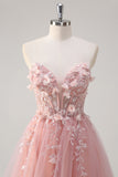 Sparkly Pink A-Line Strapless Flowers Corset Tulle Long Prom Dress with Slit