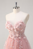 Sparkly Pink A-Line Strapless Flowers Corset Tulle Long Prom Dress with Slit