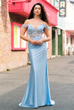 Sky Blue Off The Shoulder Mermaid Corset Floral Long Prom Dress with 3D Flowers