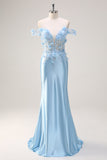 Sky Blue Mermaid Off The Shoulder Corset Floral Long Prom Dress with 3D Flowers